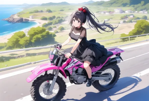 ピンクバイクの黒髪冒険家