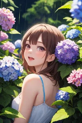 雨の紫陽花に微笑む夏の少女