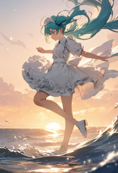 夕日の映える白いドレスの少女