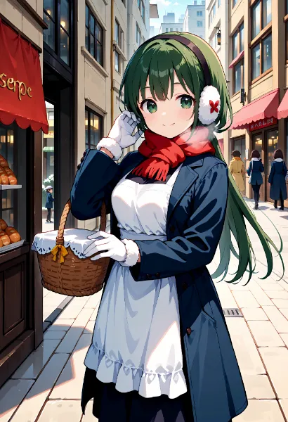 冬の街角、温かな編み篭を携えて