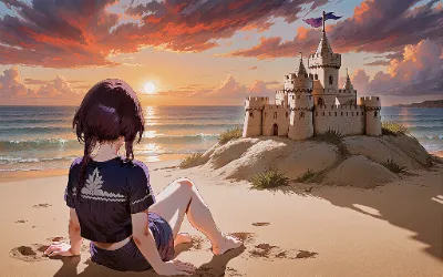 砂浜の夢城と少女の夕暮れ