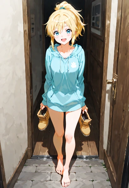 ブーツ片手に朝の冒険へ