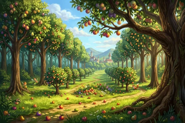 AIの餌を手描きした上で生成した画像　ファンタジー風の果樹の森