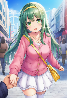 手を繋いで歩く緑髪少女の街デート