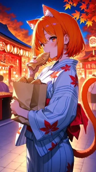 祭り屋台のたい焼きと猫娘