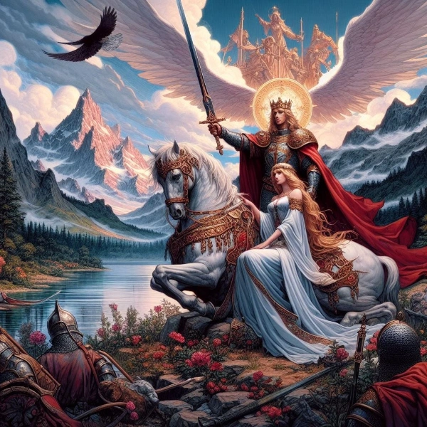 聖剣を構えるアーサー王と湖の乙女