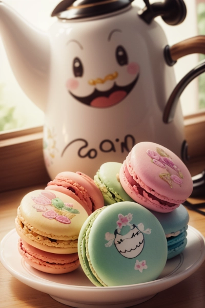 Laughing kettle and colorful macaroons