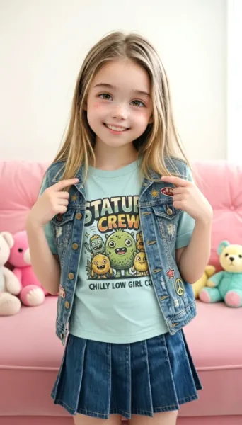 デニムベストとピクサー風Tシャツのコーデ　　Denim vest and Pixar-style T-shirt outfit