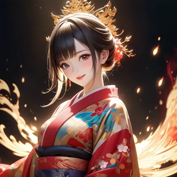 炎の翼を纏う着物美人