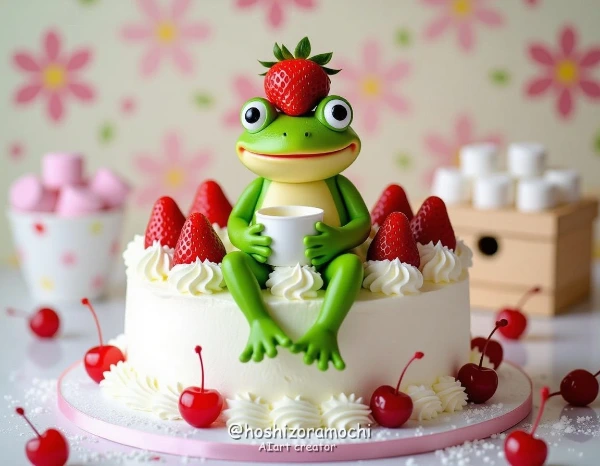 デコレーションケーキの上でピクニック、いちごの帽子ガマ - Picnic on a decorated cake, a frog with a strawberry hat