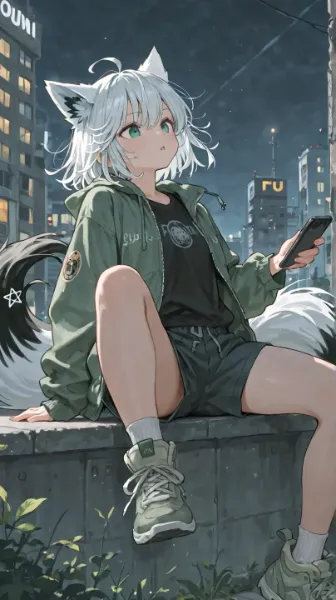 夜の街でスマホを眺める狐耳少女