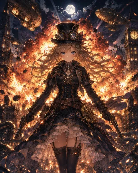 爆炎の夜に立つスチームパンクの令嬢。
