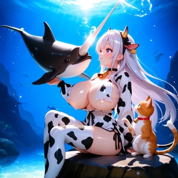 イッカクと戯れる牛柄さん