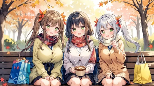 紅葉舞う公園の友情ティータイム