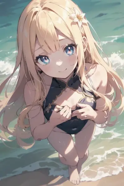 海辺で佇む金色の髪の少女