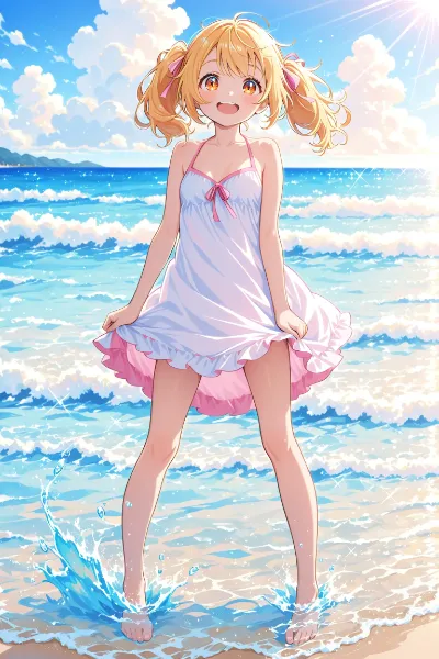 夏の海辺で輝く笑顔の少女