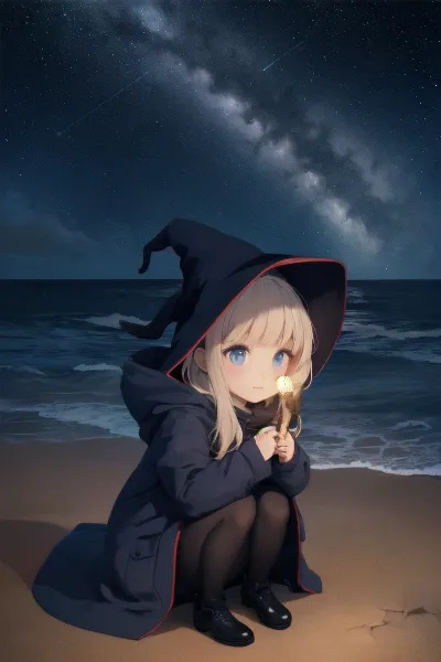 星空の海辺で輝く小さな魔法