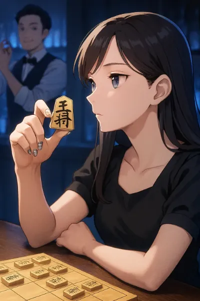 深夜の将棋に集中する美女