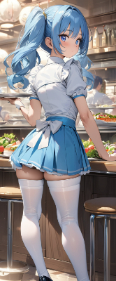 かわいい後ろ姿の水色髪ウエイトレスさん