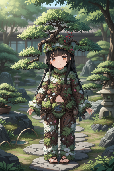 庭園に咲く盆栽の精霊の秘密(自動生成)