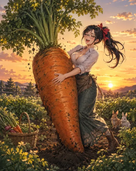 夕陽に輝く巨大ニンジンと少女の収穫