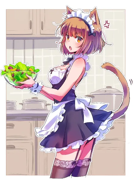 サラダを抱えた猫耳メイド