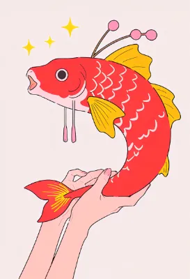 輝く赤い魚の魔法の瞬間