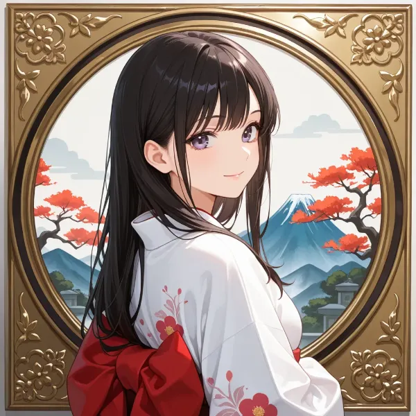 富士を背に微笑む着物少女