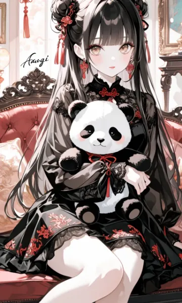 チャイナドレスを着た女の子とぱんだ