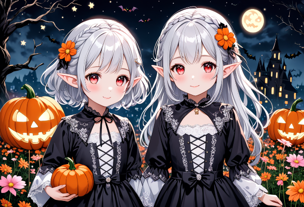月夜の銀髪ハロウィンエルフ
