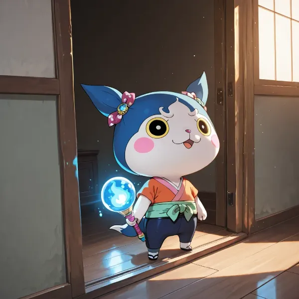 青い猫妖怪の魔法の朝の旅立ち