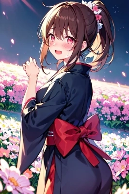 和装の彼女と花３