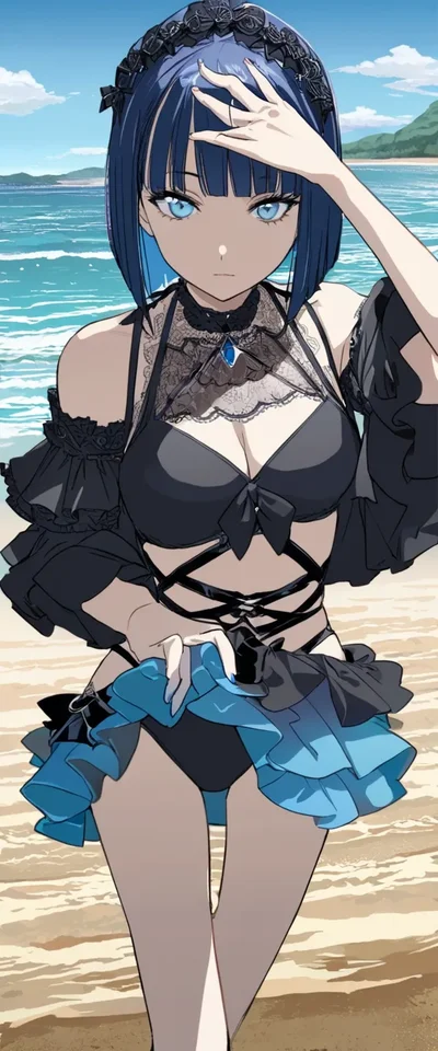 ビーチの青髪さん