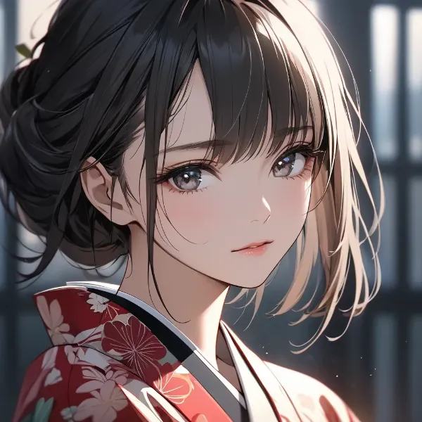 花柄着物の黒髪少女