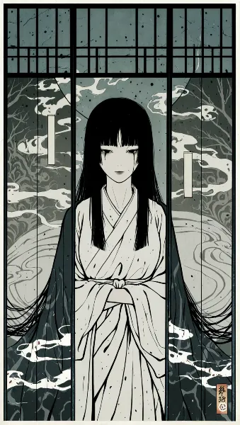 霧の窓辺に佇む幽霊の少女