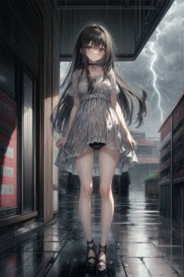 店先で雨宿り
