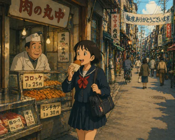 昭和の商店街　お肉屋さんのコロッケ