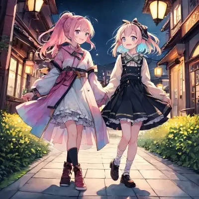 二人仲良く夜のお散歩