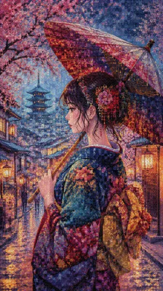 桜雨の古都を歩む着物少女