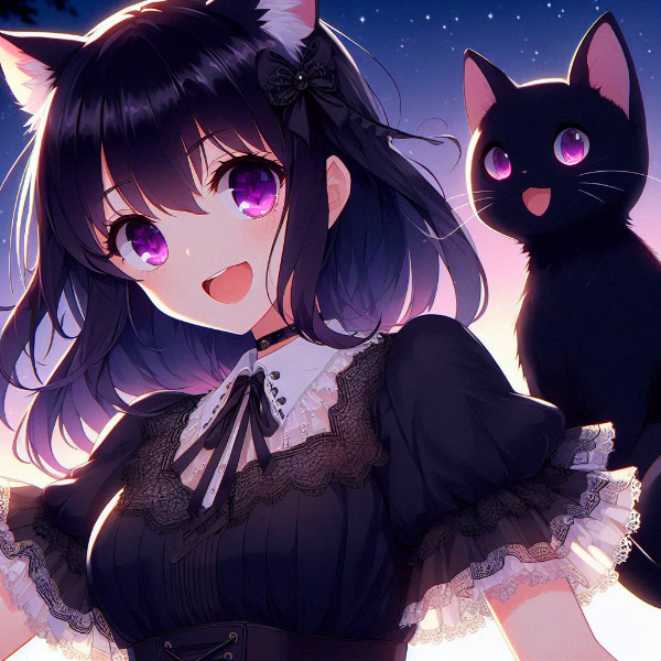 黒猫と、黒髪セミロング少女★(3枚)