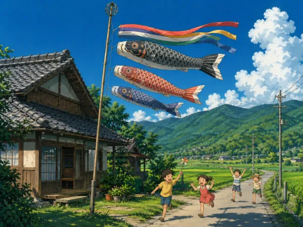 風に舞う鯉のぼりと子供たちの笑顔