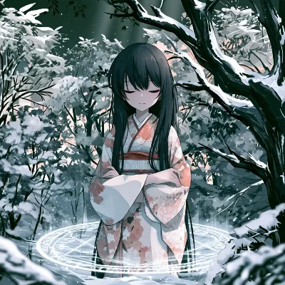 雪の森に浮かぶ光の魔法陣
