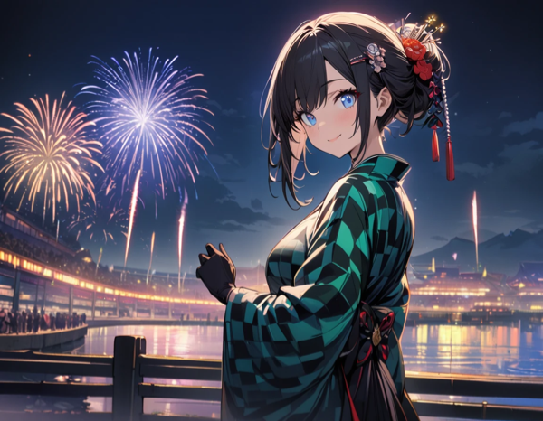 市松模様の浴衣を着て花火大会