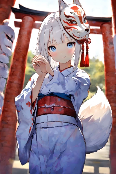 浴衣、境内、狐のお面