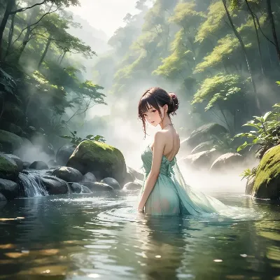 霧の森に立つ水辺の少女