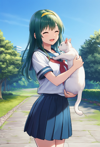 緑髪少女と白猫の散歩