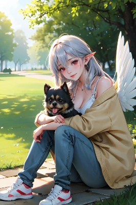 犬と一緒にモデルの仕事をする奴隷天使