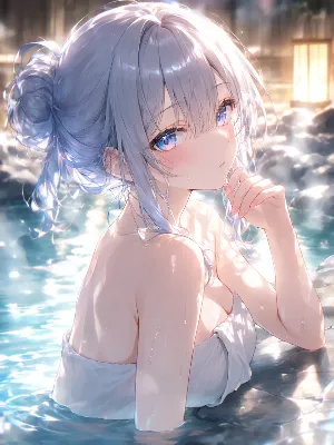 朝陽差し込む温泉の銀髪少女