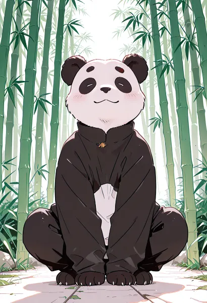 竹林の静けさの中で微笑む小さなパンダ