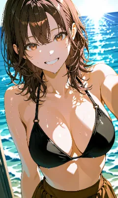 茶髪ミドルロングウェーブ　黒ビキニ